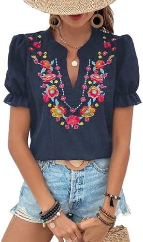ZILIN Women's Casual Floral Embroidered V Neck Boho Short Puff Sleeve Shirts Loose Summer Blouses... | Amazon (US)