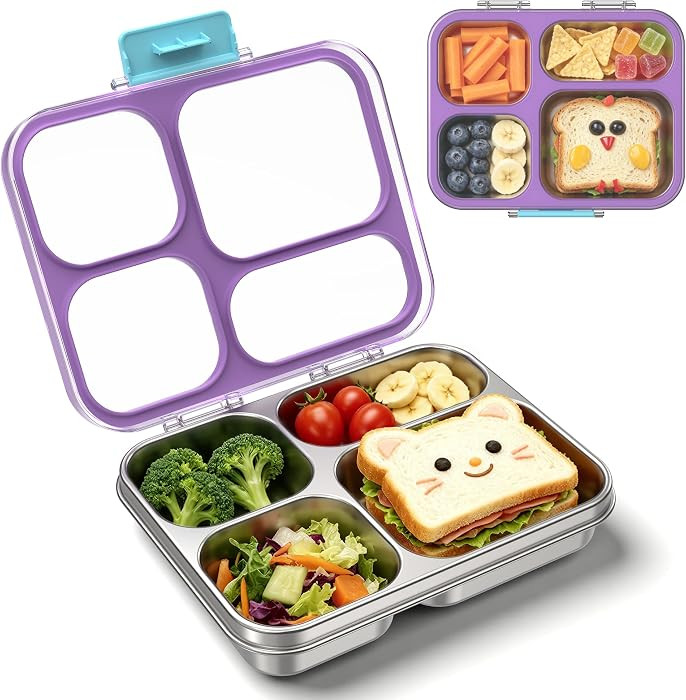 Stainless Steel Lunch Box for Kids, Leakproof 4 Compartment Kids Bento Lunch Box with Clear Lid, ... | Amazon (US)