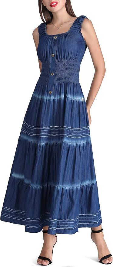 DREFBUFY Women's Maxi Dress Sleeveless Denim Long Summer A-line Casual Blue Cotton Boho Flowy Sun... | Amazon (US)