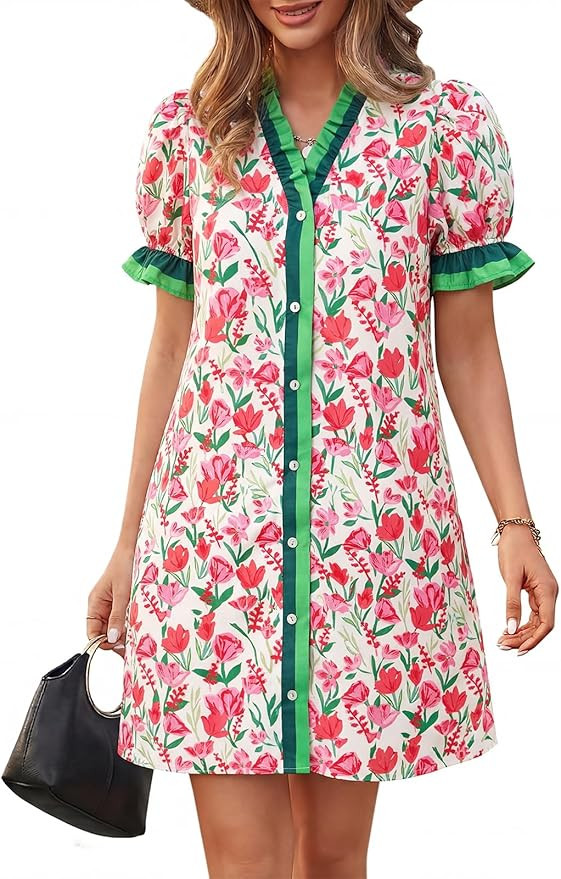 Wenrine Womens Summer Mini Dresses Casual Floral Puff Short Sleeve V Neck Button Down Ruffle Beac... | Amazon (US)