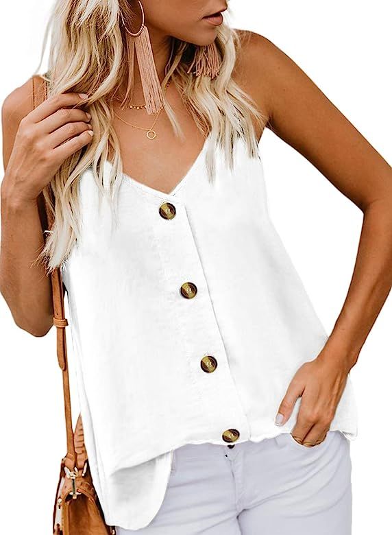 Women's Button Down V Neck Strappy Tank Tops Loose Casual Sleeveless Shirts Blouses | Amazon (US)