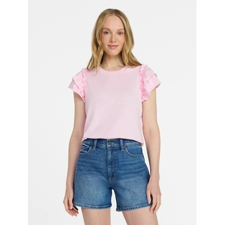 Time and Tru Women's Cotton Crewneck Tee with Ruffle Flutter Sleeves, Sizes XS-XXXL | Walmart (US)