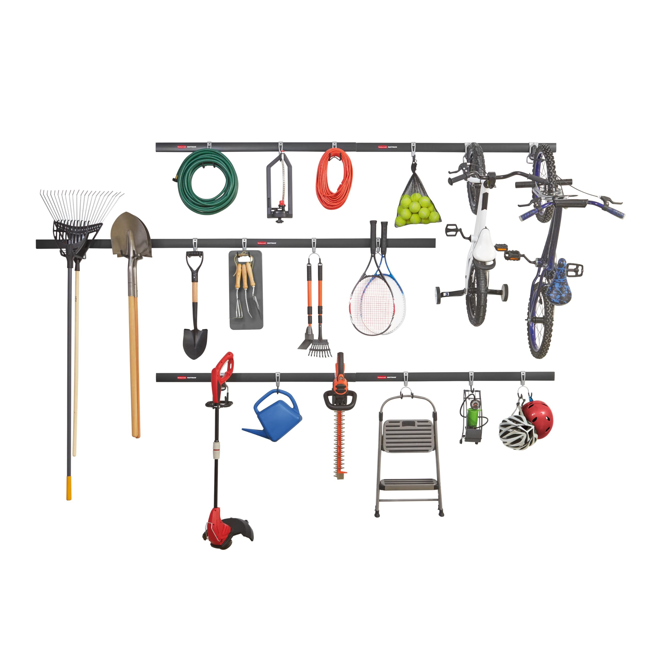 Rubbermaid 24-Piece FastTrack Garage Wall-Mounted Storage Kit, 6 Rails and 18 Hooks, Black, for H... | Amazon (US)