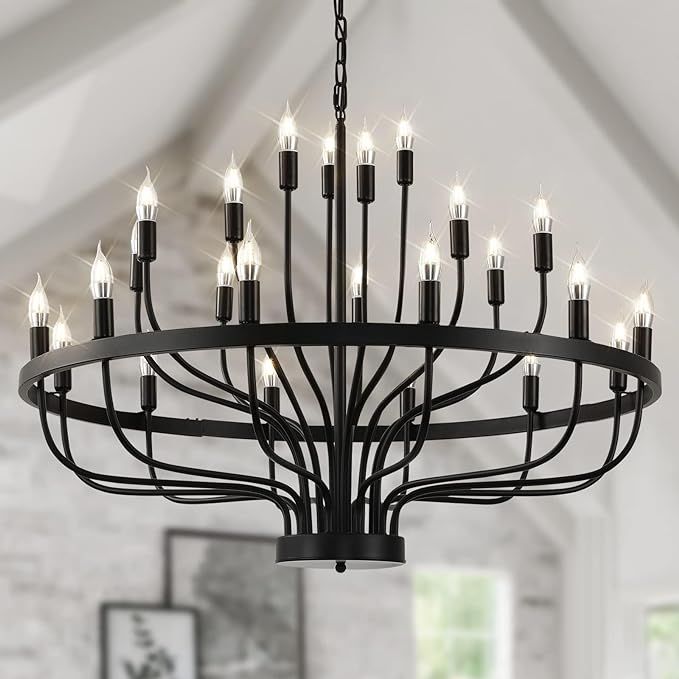 Black Chandelier 24 Light, Modern Farmhouse Chandelier for Dining Room, Round Industrial Candle C... | Amazon (US)