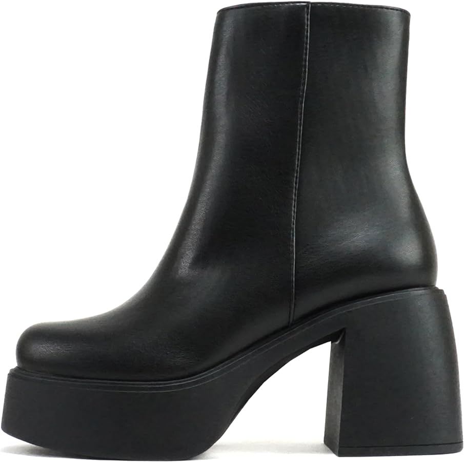 Soda “OARSMAN” ~ Women Square Toe Platform Medium Chunky Heel Ankle Boot with Side Zipper | Amazon (US)