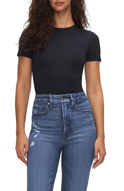 Good American Scuba Knit Short Sleeve Shaper Bodysuit in Black001 at Nordstrom, Size Small | Nordstrom