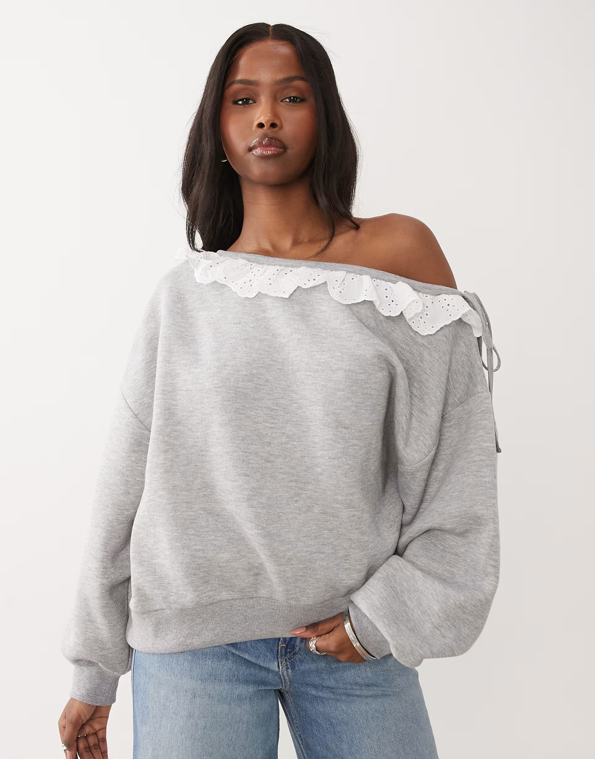 ASOS DESIGN fallen shoulder with tie detail top in grey | ASOS (Global)