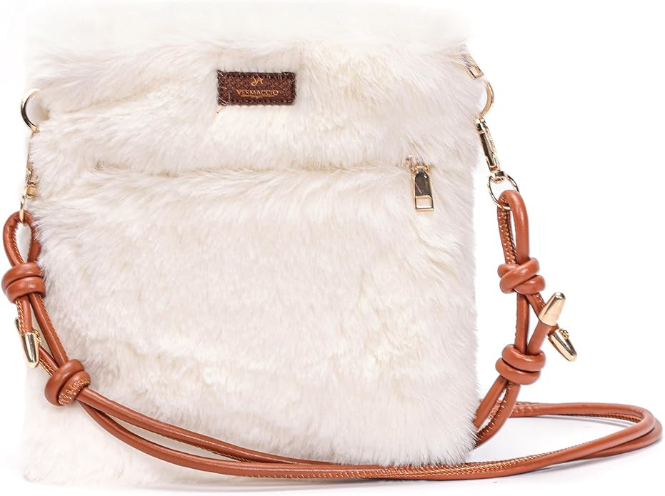 Minimalist Fluffy Crossbody Bag for Women, Luxury Faux Fur Purse with Two Pockets & Adjustable St... | Amazon (US)