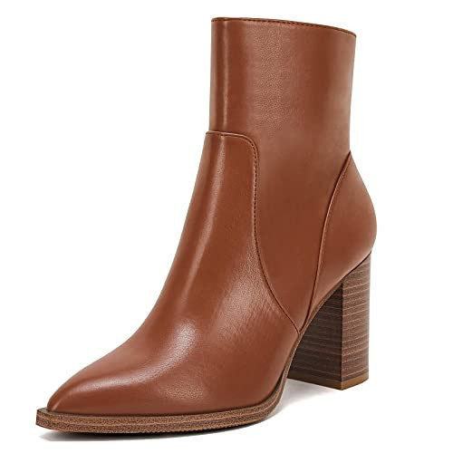 LAICIGO Women's Pointed Toe Ankle Boots Chunky Stacked Heel Side Zipper Faux Leather Ankle Booties, Brown, Size 11 | Amazon (US)