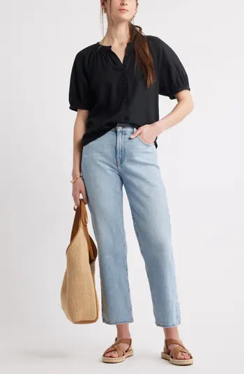 Caslon® Puff Sleeve Linen Blend Button-Up Shirt | Nordstrom | Nordstrom