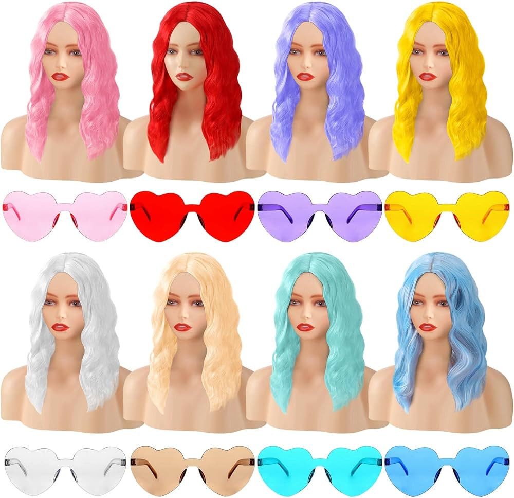 Hoteam 8 Set Colored Wig for Bachelorette Party Colorful Curly Wavy Wigs Bulk and Sunglass Set Ne... | Amazon (US)