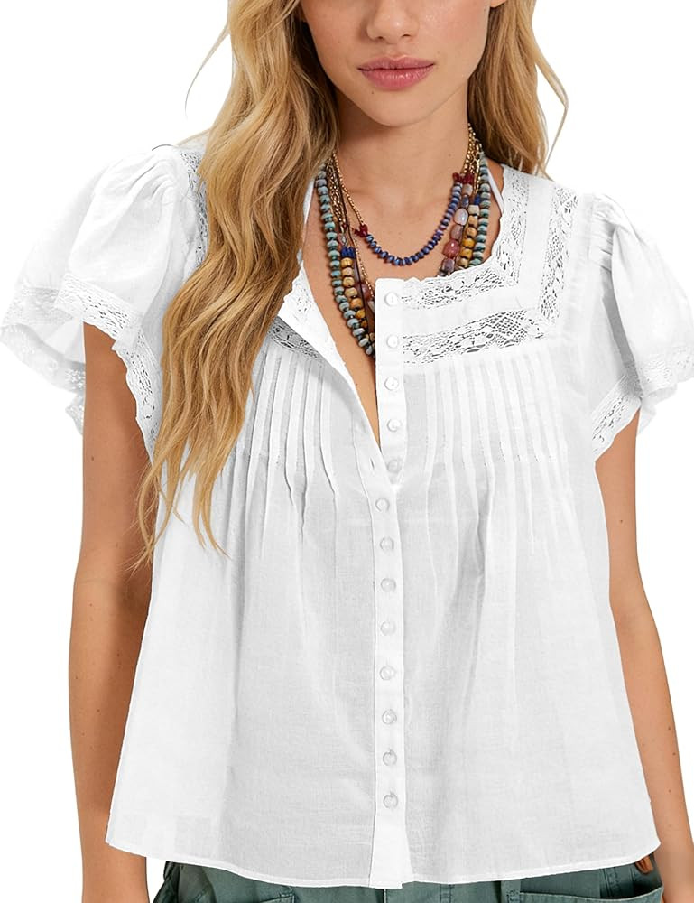 Women's Boho Peplum Babydoll Crop Tops Lace Vest Short Sleeve Button Down Semi Sheer Linen Shirts | Amazon (US)