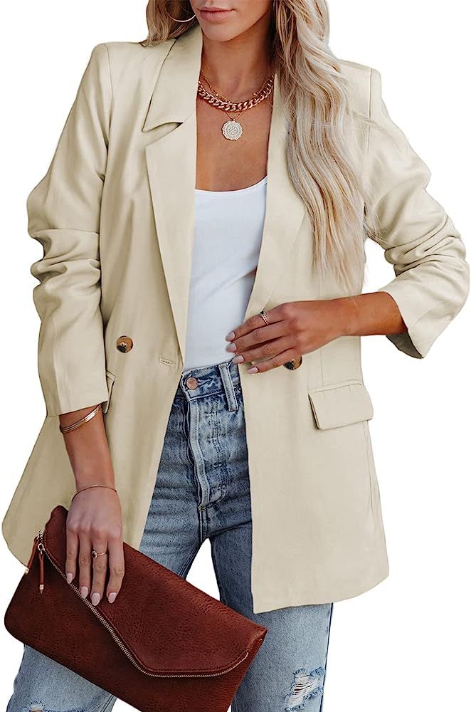 BLENCOT Women Casual Blazers Long Sleeve Open Front Work Button Jackets Solid Office Oversized Blaze | Amazon (US)