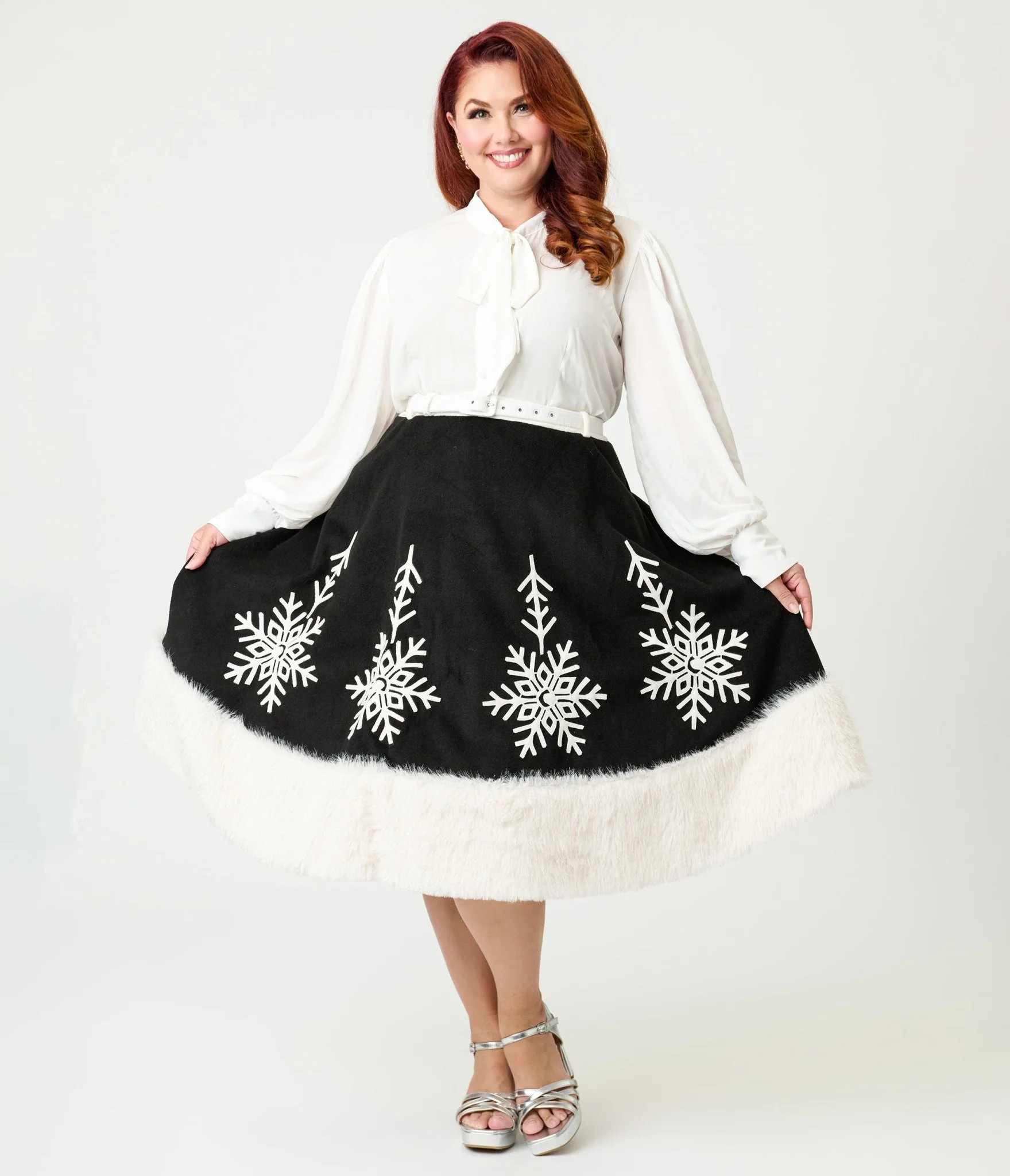 Unique Vintage Plus Size Black Felt & White Fur Snowflake Soda Shop Sw | UniqueVintage