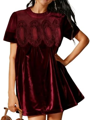 Womens Velvet Lace A-Line Overall Casual Pleated Swing Babydoll Wedding Skirtall Scallop Neck Fla... | Amazon (US)