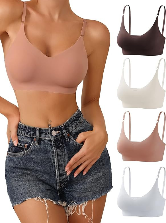 DEANGELMON V Neck Bralettes Padded Seamless Adjustable Straps Bra Everyday Basic Sleeping Bras | Amazon (US)