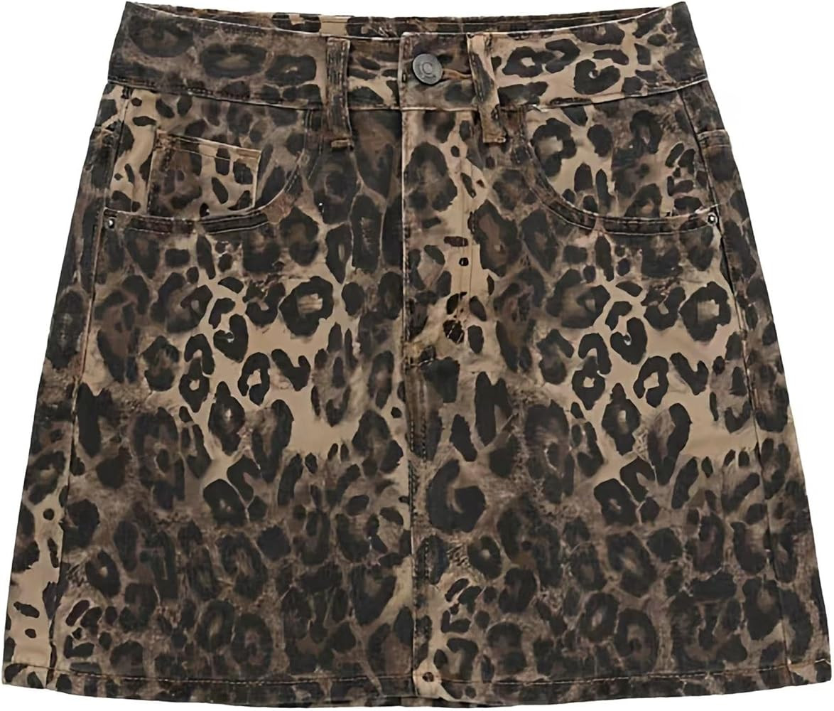 Women's Leopard Print Denim Mini Skirt High Waisted Sexy Bodycon Short Cheetah Print Jean Skirts ... | Amazon (US)
