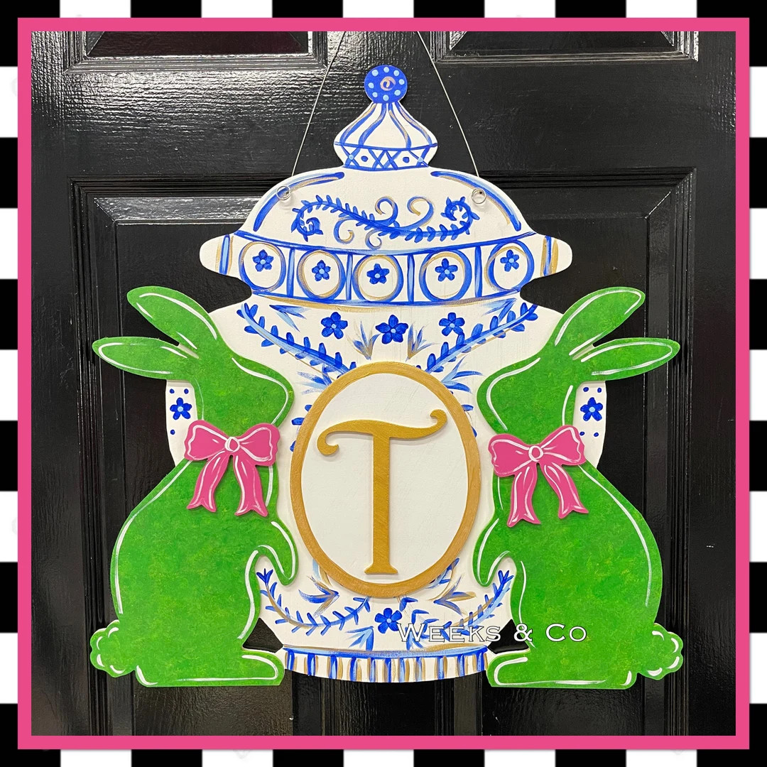 Boxwood Bunnies With Ginger Jar and Initial Door Hanger Spring Front Door Easter Bunny Happy Spri... | Etsy (US)