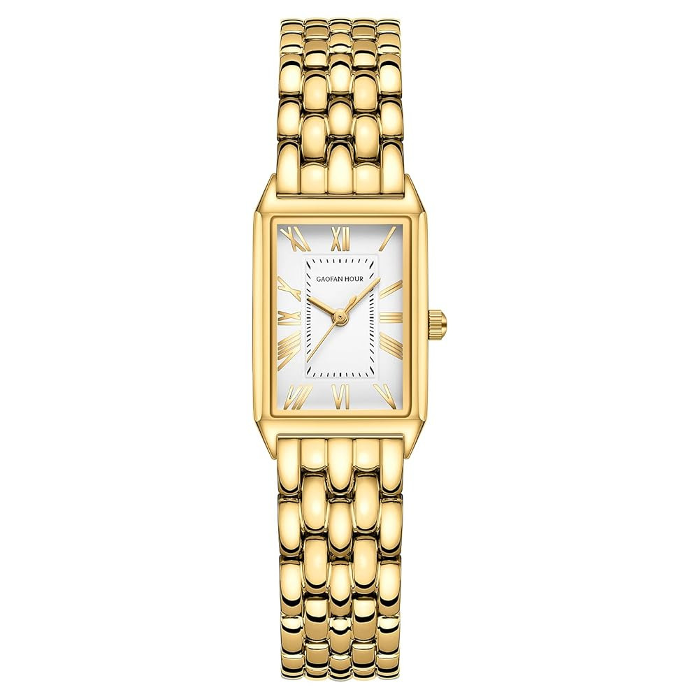 Gold Watches for Women with Vintage Rectangular Case,White Roman Dial,Stainless Steel Band,Adjust... | Amazon (US)