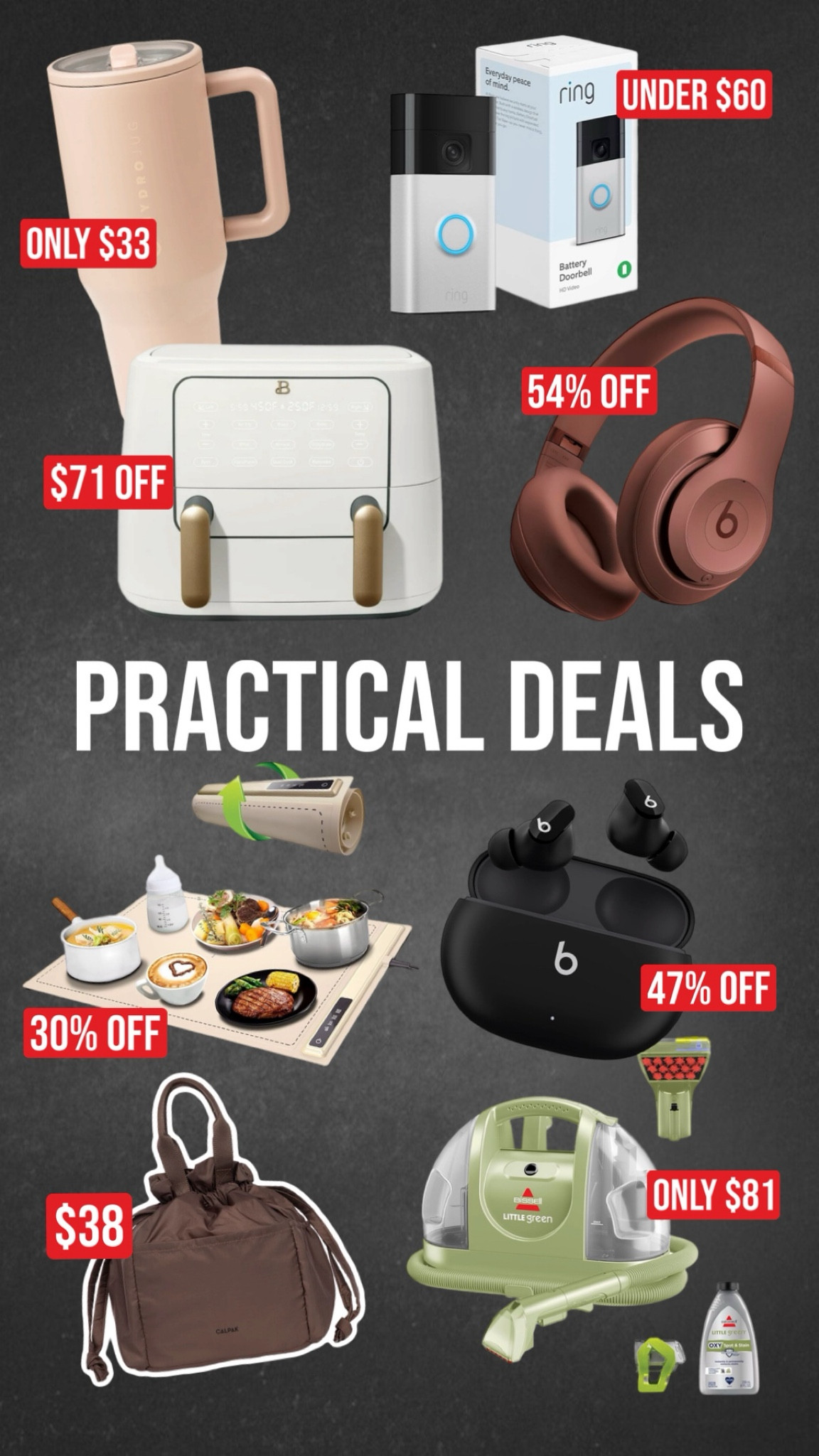 Practical Deals - beats, warming mat, air fryer, green machine, ring doorbell, Hydrojug, CALPAK lunch bag

#LTKGiftGuide #LTKFamily #LTKCyberWeek
