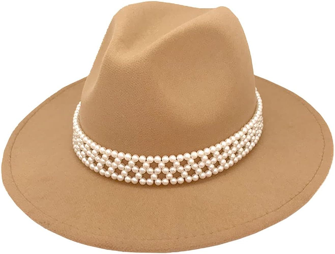 HUDANHUWEI Womens Wide Brim Fedora Hat with Pearl Band Lady Panama Hat | Amazon (US)