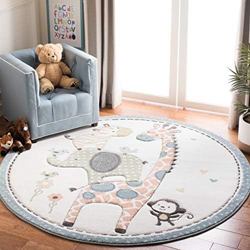 Safavieh Carousel Kids Collection CRK120A Animal Nursery Playroom Area Rug, 6'7" x 6'7" Round, Iv... | Amazon (US)