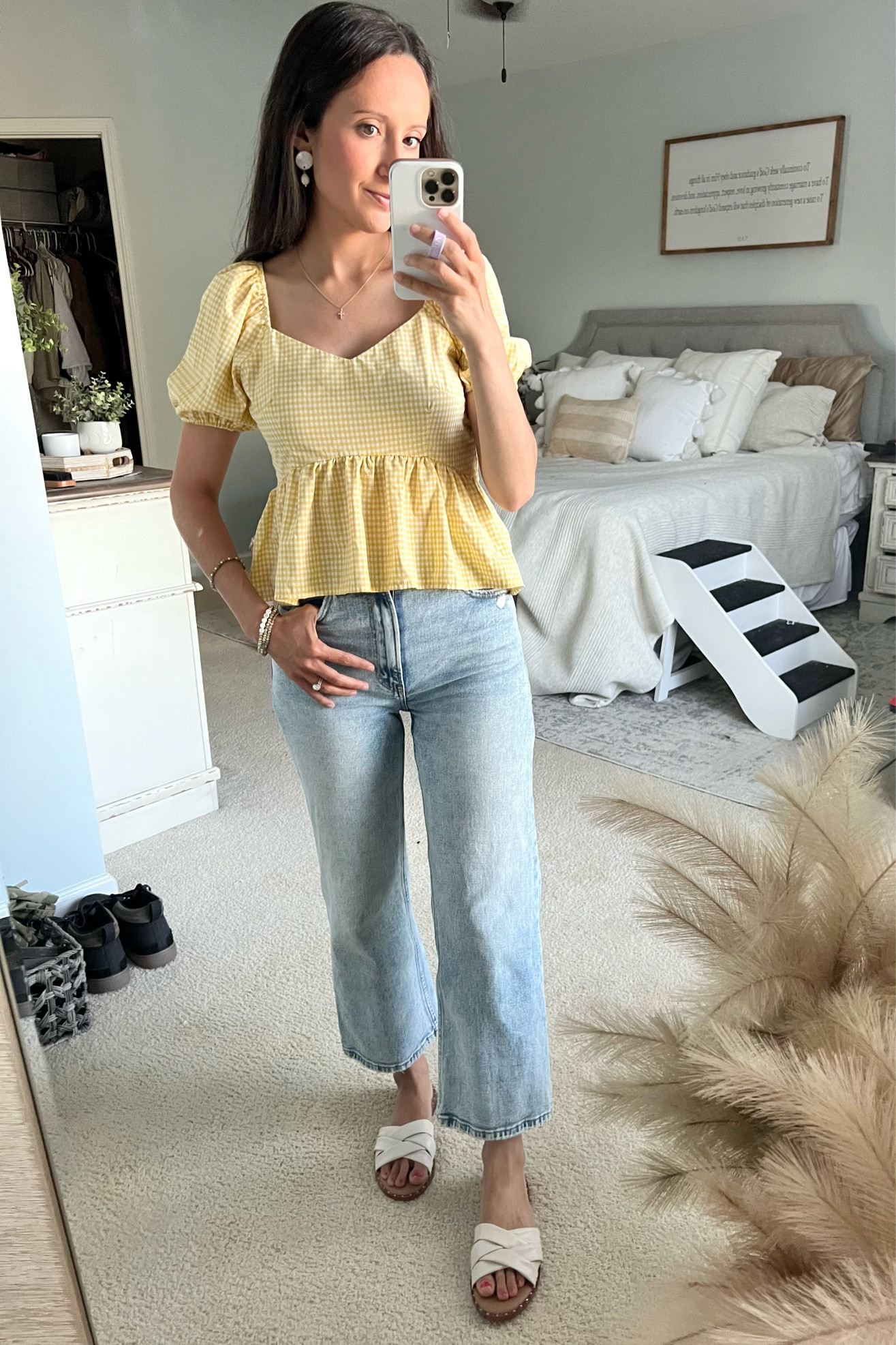 Yellow checkered puff sleeve top for summer
Yellow summer top -size small
Abercrombie ultra high rise cropped wide leg jeans -curve love size 25 short
Amazon sandals-beige 

#LTKSeasonal #LTKFindsUnder50 #LTKFindsUnder100