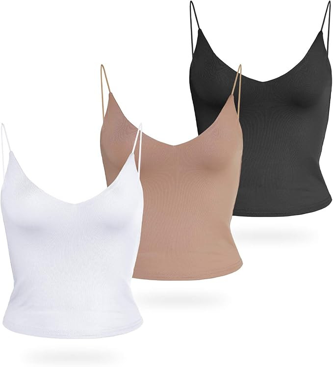 Amilia Women's Basic Solid Deep V Neck Cami Spaghetti Double Layer Crop Tank Tops Casual Shirts | Amazon (US)