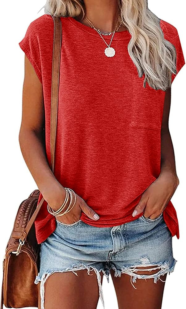 Smile Fish Womens Summer Short Cap Sleeve Shirts Solid Loose Fit Pocket Tunic Tops | Amazon (US)