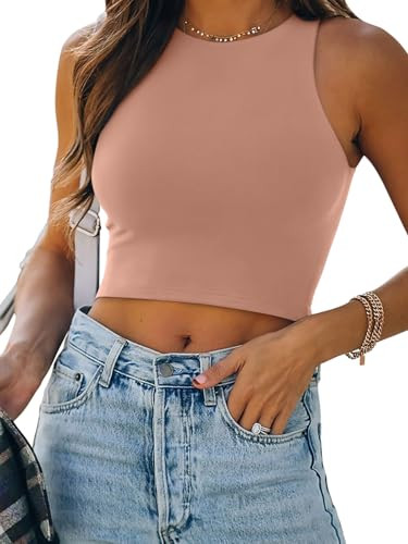 Women’s Sexy Sleeveless High Neck Racerback Cropped Tank Tops Cute Teen Girls Halter Neck Crop Tops Vest Sienna 2X-Large | Amazon (US)