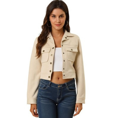 INSPIRE CHIC Women's Casual Faux Suede Notched Collar Button Up Cropped Jacket with Pockets Beige Large | Target