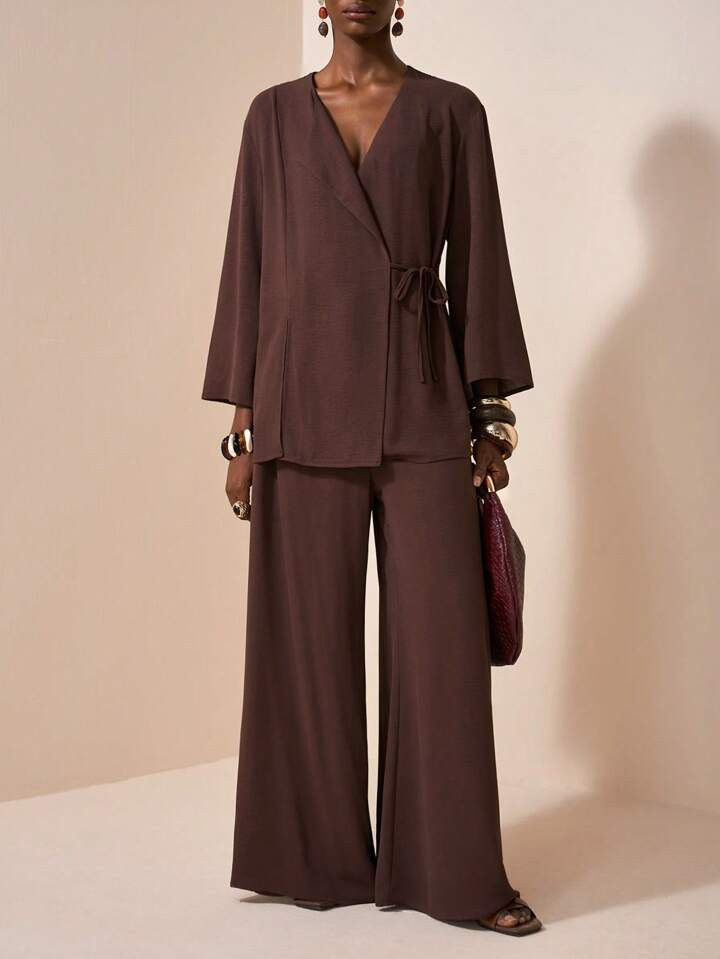 Zivah 2025 Summer New Music Festival Graduation All-Match Casual Vacation Beach Sunbathing Street Style Brown Textured Linen Material Wrap Blouse And Wide Leg Pants 2 Pieces Set For Ladies | SHEIN