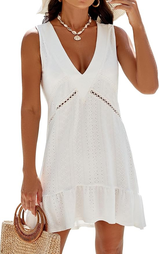 BMJL Womens Swimsuit Cover Up V Neck Bathing Suit Cover Ups Eyelet Beach Dress Tank Swimwear Cove... | Amazon (US)