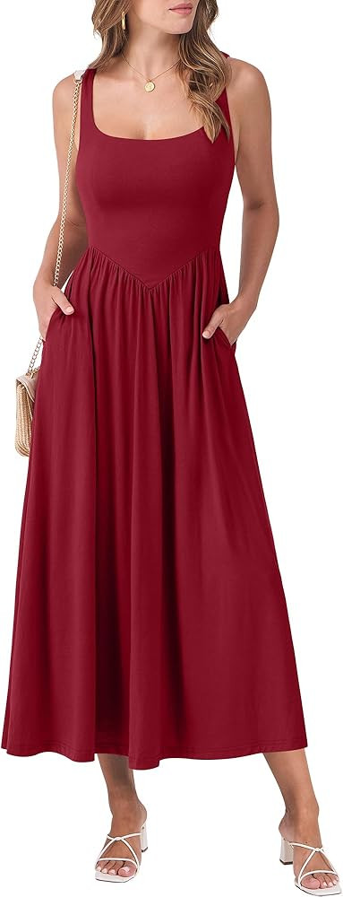 ANRABESS Sundresses for Women 2025 Summer Casual Sleeveless Square Neck Smocked Flowy Beach Vacat... | Amazon (US)