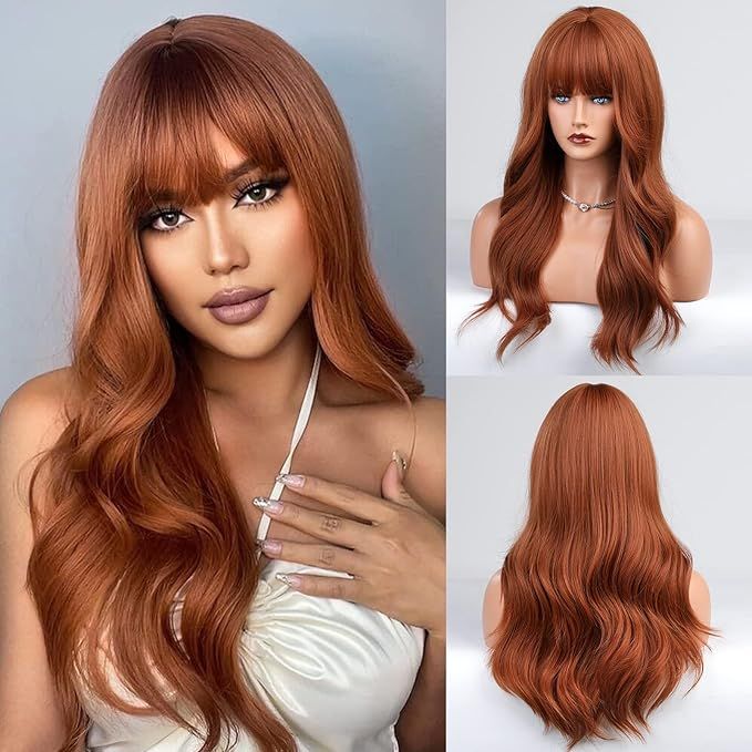 HAIRCUBE Auburn Wig with Bangs Long Curly Orange Wigs for Women,Natural Synthetic Wigs Heat Resis... | Amazon (US)