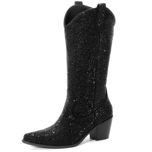 Women’s Rhinestone Cowboy Boots Mid Calf Pointed Toe Sparkly Block Heel Cowgirl Boots with Pull On Tabs | Amazon (US)