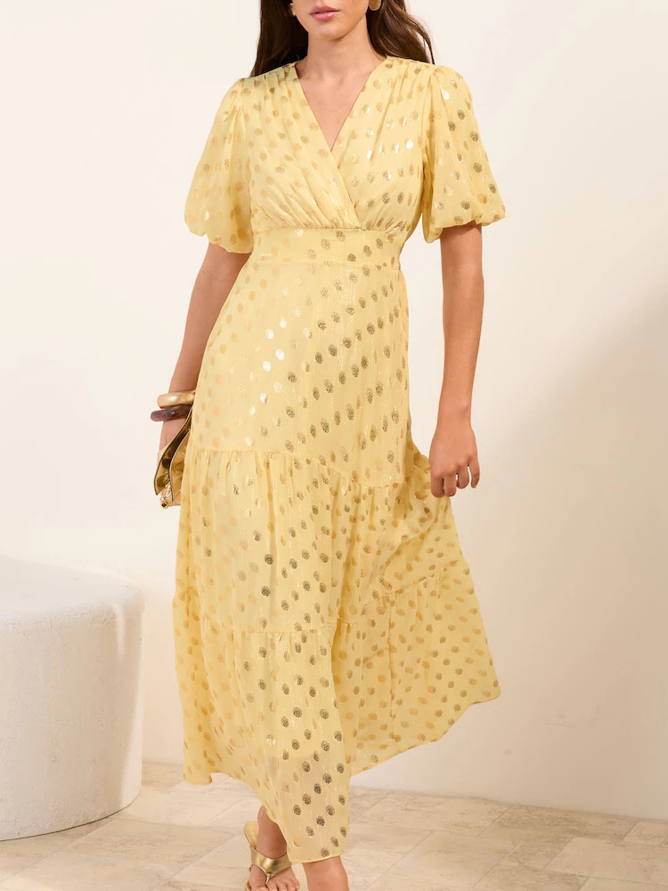 Friends Like These Buttermilk Yellow Polka Dot Metallic Short Sleeve Midi Dress | Next EU
