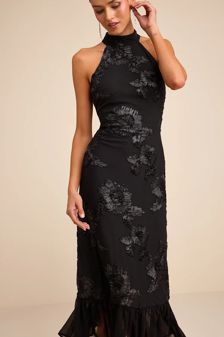 Margaret Black Textured Ruffled Midi Dress | black floral dress | black cocktail dress  | Lulus