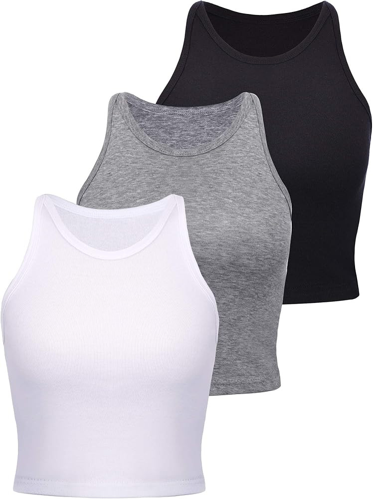 3 Pieces Women's Cotton Basic Sleeveless Racerback Crop Tank Top Sports Crop Top for Lady Girls Dail | Amazon (US)