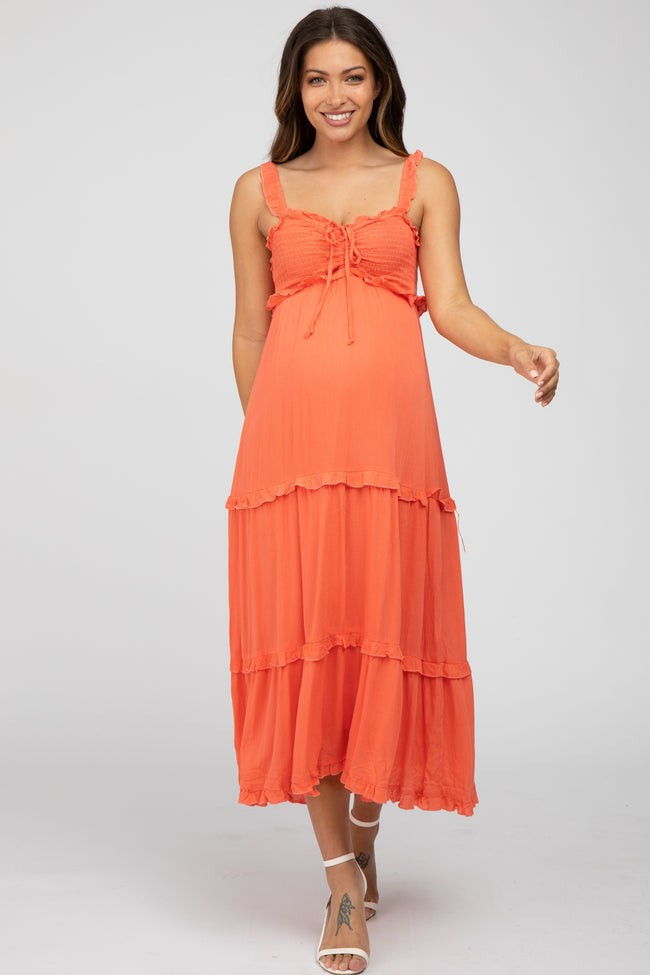 Coral Ruffle Accent Maternity Midi Dress | PinkBlush Maternity