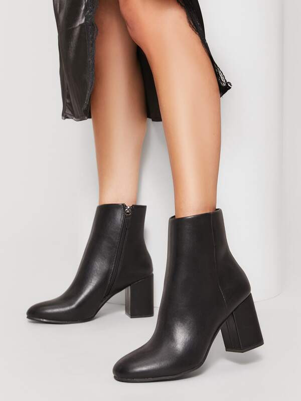 Almond Toe Side Zipper Block Heel Booties | SHEIN