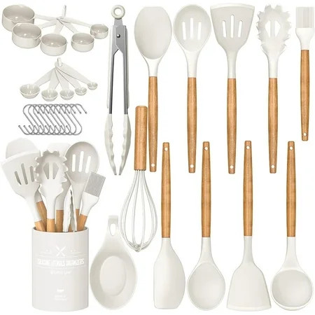 Kitchen Cooking Utensils Set, 33 pcs Non-stick Silicone Cooking Kitchen Utensils Spatula Set with Holder, Wooden Handle Silicone Kitchen Gadgets Utensil Set (Cream White) | Walmart (US)