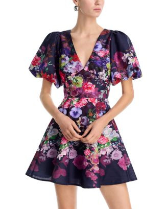 AQUA Placed Floral V Neck Mini Dress - Exclusive | Bloomingdale's Women Dresses Spring Dresses | Bloomingdale's (AU)