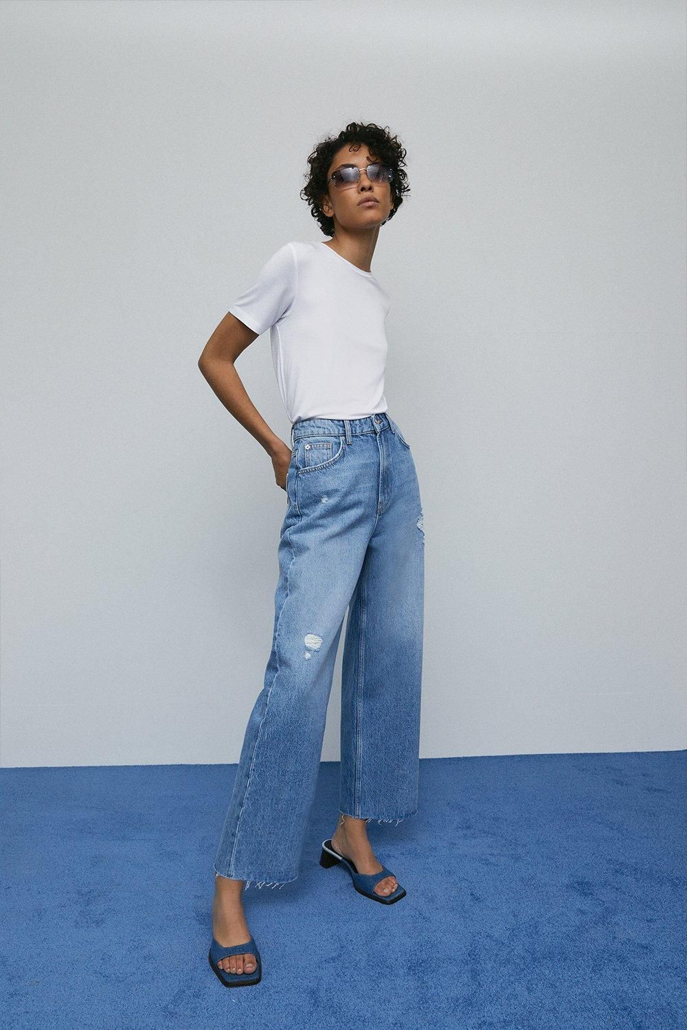 Denim Distressed Wide Leg Cropped Jeans | Warehouse UK & IE