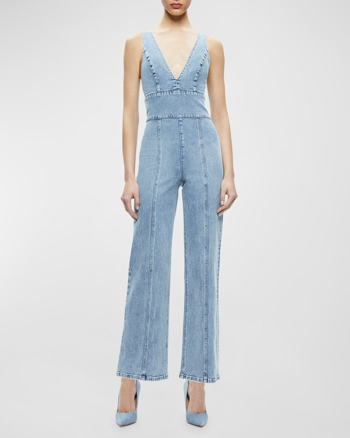 Sandra Deep V-Neck Denim Jumpsuit | Neiman Marcus