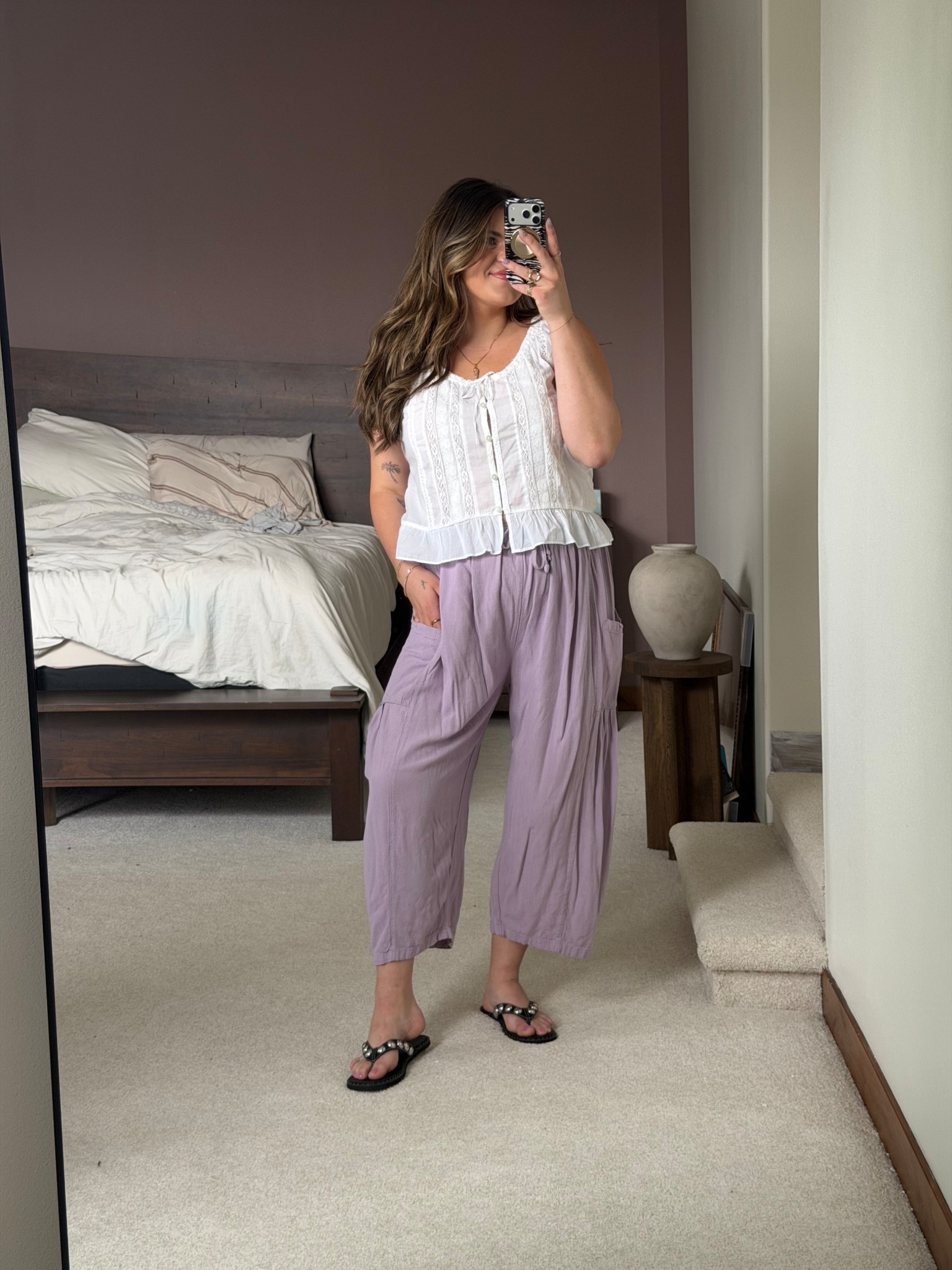 Casual spring outfit! Comfy line pants from Amazon size large (maternity friendly too) and flowy white top from Abercrombie size large (part of a set!)

Spring 2026, casual mom outfit, midsize, size 12, size 14