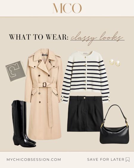 How about rocking a timeless trench coat paired with a cozy striped cardigan? Complete the look with a chic black skirt and knee-high boots. Wrap a stylish striped silk scarf around your neck and grab a sleek black bag to complete this classy outfit. 

#LTKstyletip #LTKfindsunder100
