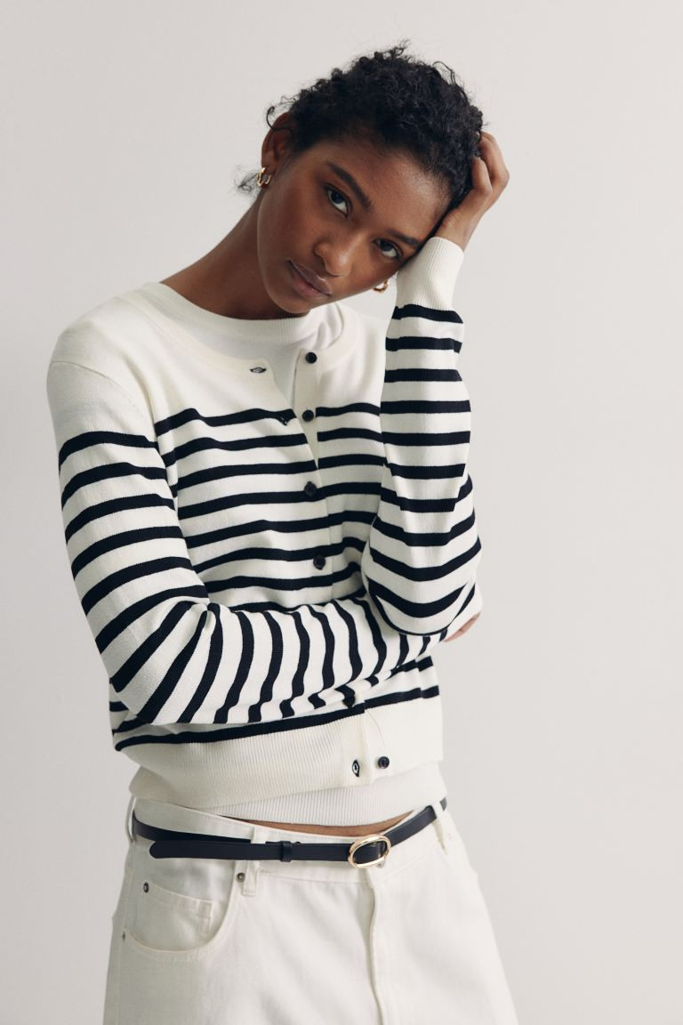 Fine Knit Cardigan - White/Black stripe - Ladies | H&M AU | H&M (AU)