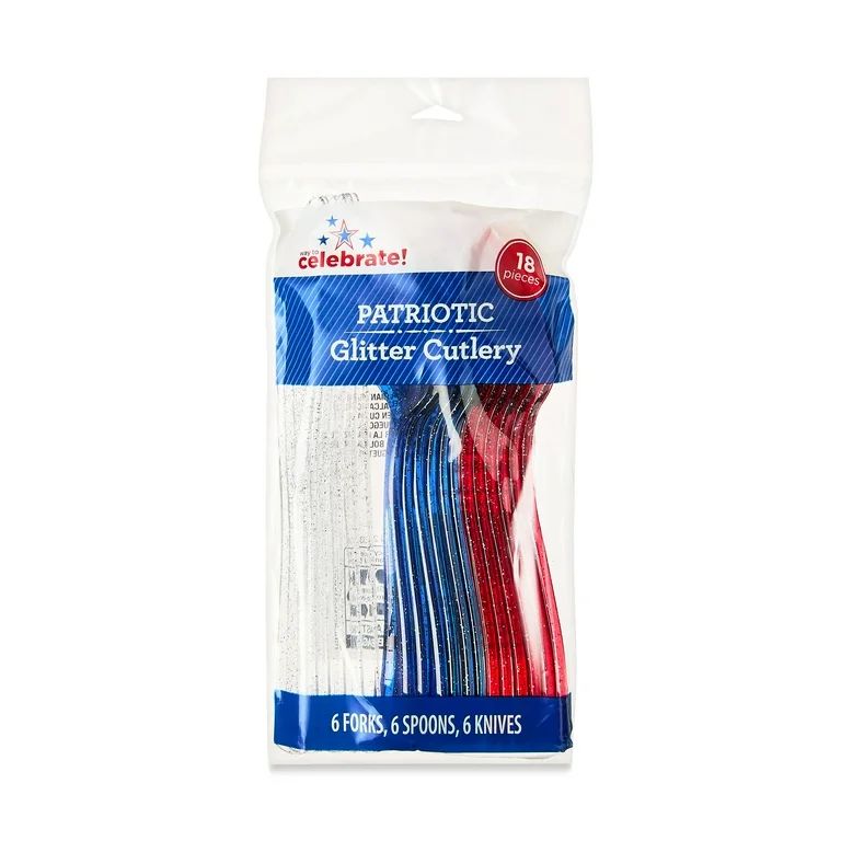 Patriotic Red, White & Blue Glitter Cutlery Set with Forks, Knives & Spoons, 18 Count, by Way To ... | Walmart (US)
