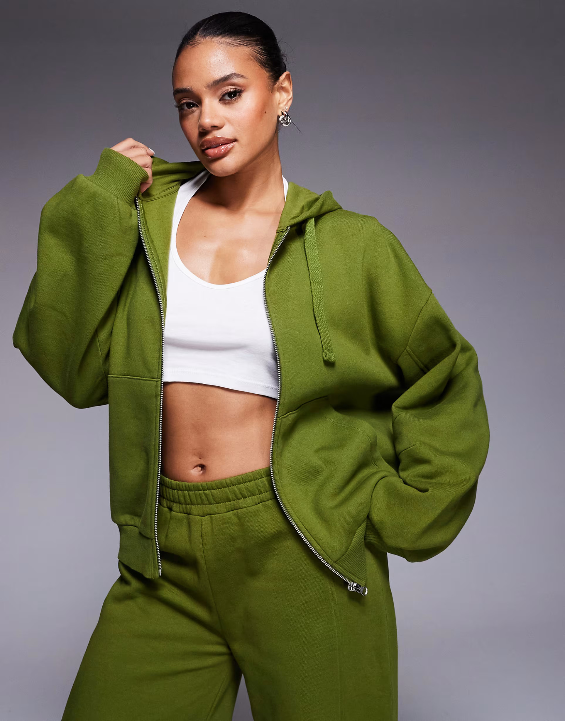ASOS DESIGN zip up hoodie with balloon sleeve in green - part of a set | ASOS | ASOS (Global)